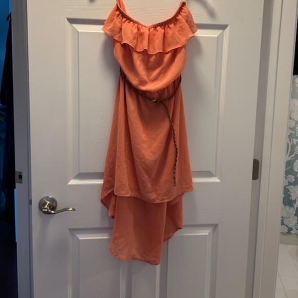 Pearl Dresses & Skirts - Strapless High-Low  Coral Dress w/ braided brown belt - Size L (NEW)